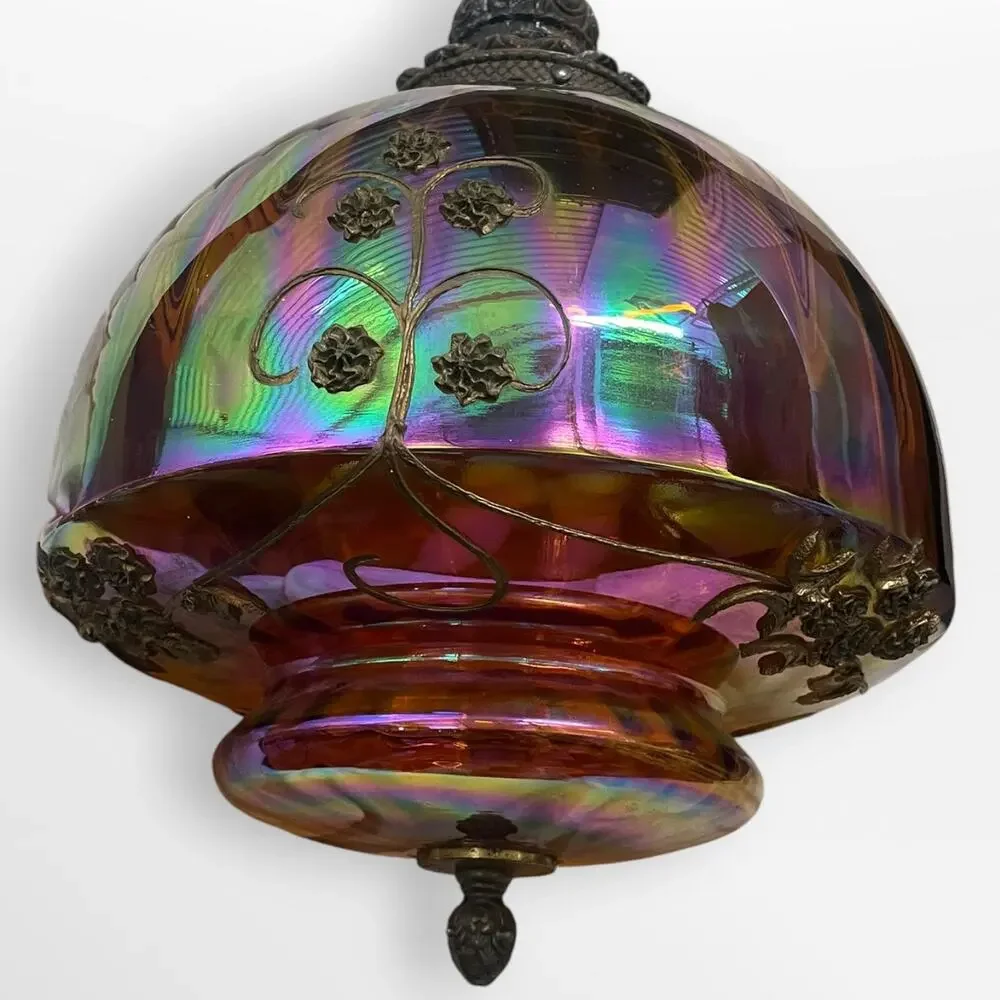 Vintage 1950s Falkenstein Style Amber Carnival Glass Hanging Swag Lamp